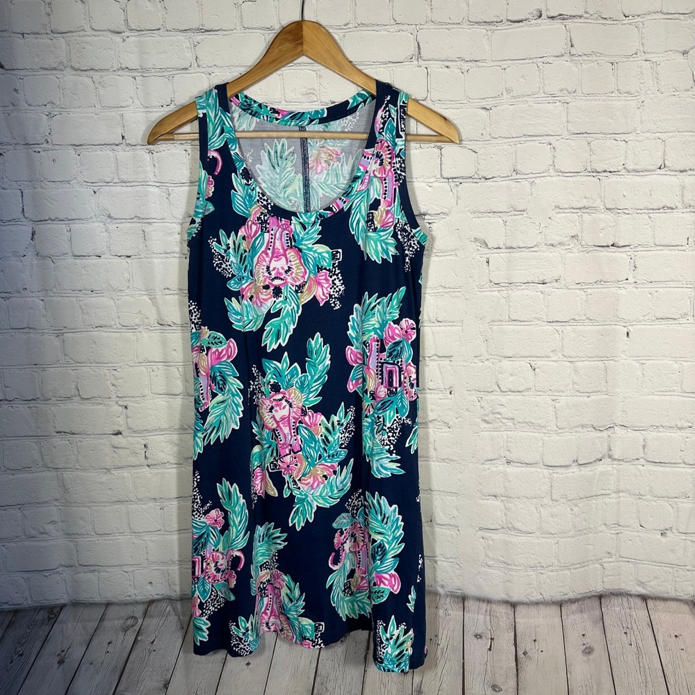 Lilly Pulitzer Navy Blue Floral Elephant Pima Cotton Sleeveless Shift Dress XS